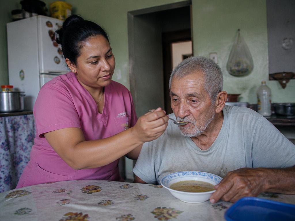 Cuidadora auxiliando um idoso durante a refeição