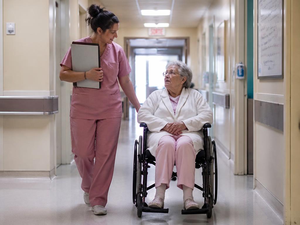 Cuidadora acompanhando paciente idosa em corredor de hospital