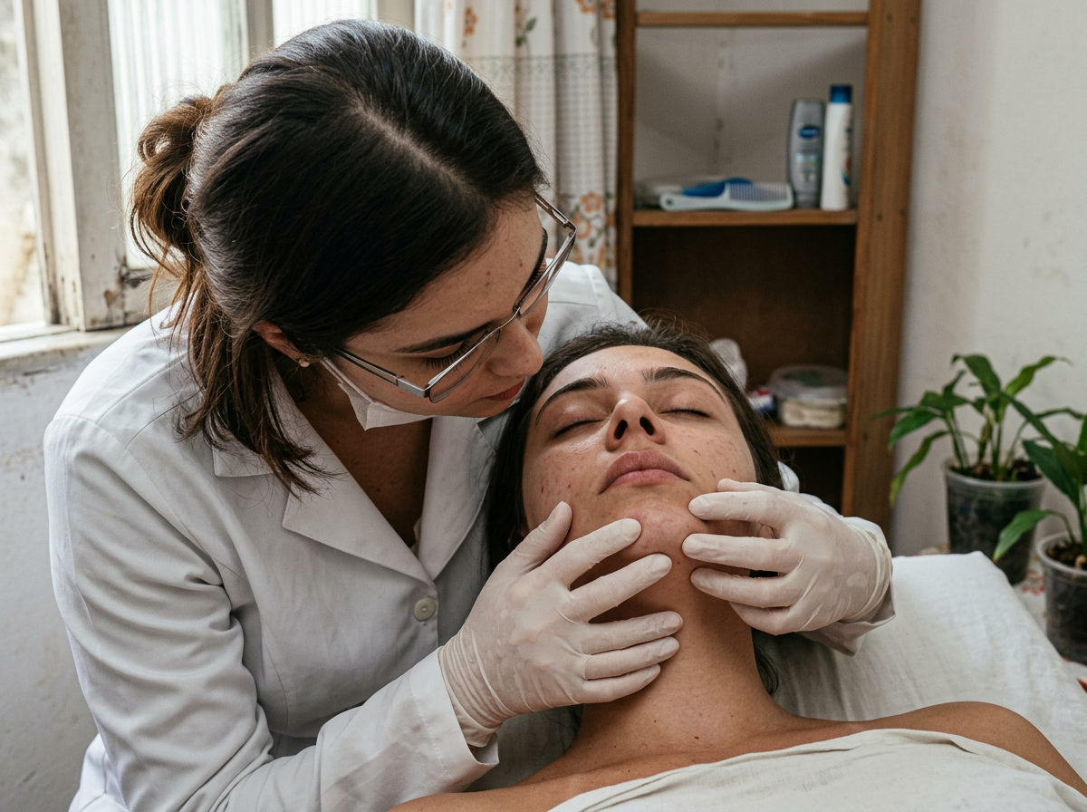 Fisioterapeuta aplicando tratamento dermato-funcional em idosa em casa